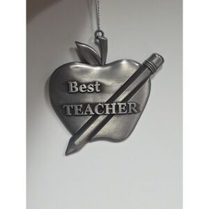 PEWTER FINISH ENAMELED METAL‎ BEST TEACHER APPLE w/ PENCIL CHRISTMAS ORNAMENT